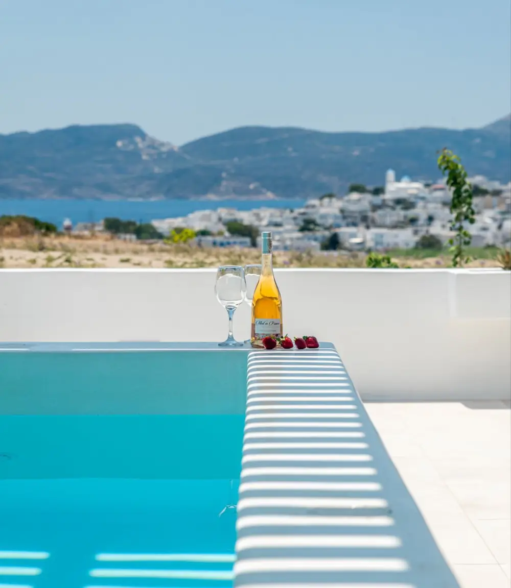 Wine and strawberries at the pool edge