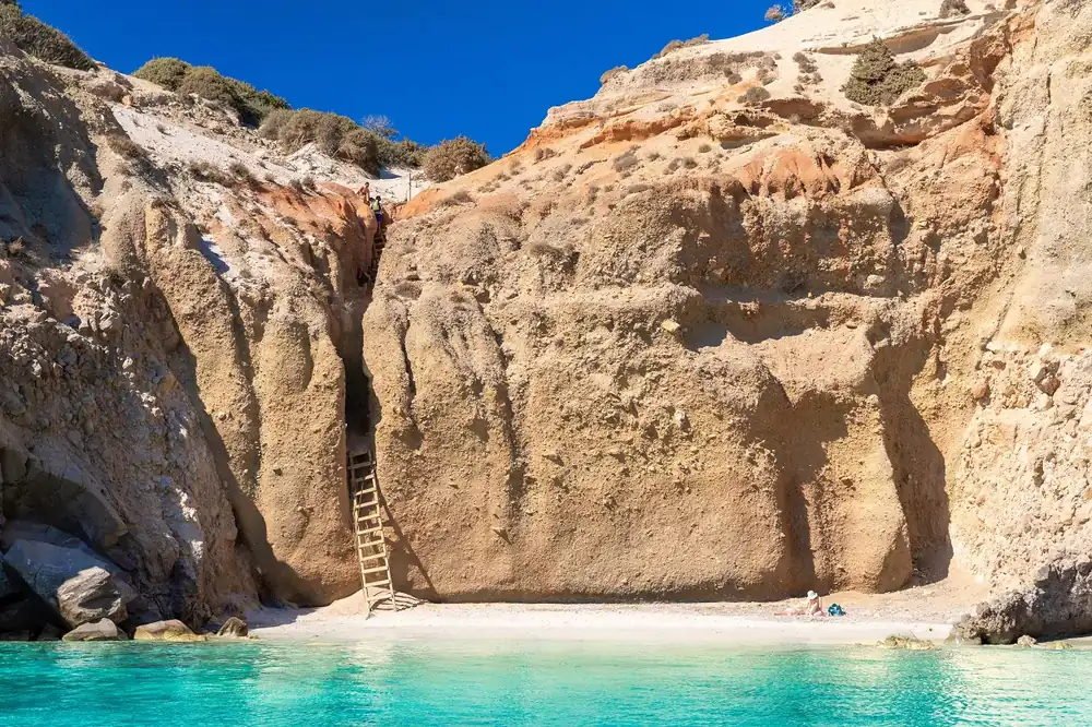 The wooden ladder down to Tsigrado beach, Milos